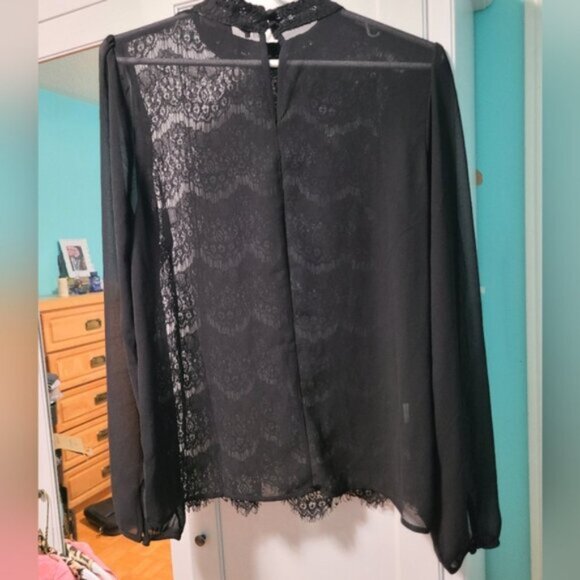 Forever 21 Black High Neck Lace Sheer See-Through Flounce Sleeve Blouse Shirt M - Picture 10 of 14